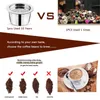 Comparison of reusable coffee capsules versus disposable ones, with advice on coffee grind size and a picture of a prepared coffee. Produktbild-Vorschau