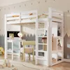 A white loft bed with a desk and shelves in a child's room. Produktbild-Vorschau