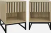 Two identical contemporary nightstands with a ribbed wood-look drawer front and black metal legs, presented against a white background. Produktbild-Vorschau