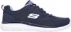 A side view of a navy blue Skechers sneaker with a white sole. Voir les images du produit