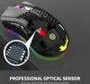 A close-up, angled view of a black gaming mouse with honeycomb design and RGB lighting, with a magnified inset showing the optical sensor. Produktbild-Vorschau