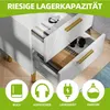 A white nightstand with open drawers, showcasing storage capacity. Four circular icons with text are displayed at the bottom. Produktbild-Vorschau