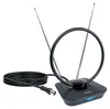 A black active antenna with two silver telescopic rods and a circular loop, connected to a coiled black cable with a coaxial connector. The base of the antenna has a blue LED light and some small indicator lights. Produktbild-Vorschau