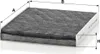 A cabin air filter with dimensions labeled. Produktbild-Vorschau