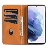 A brown leather wallet-style phone case with a Samsung S21 5G phone inserted. Produktbild-Vorschau