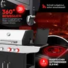 A close-up view of a gas grill with various features highlighted by text overlays and graphics. Produktbild-Vorschau