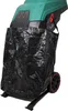 A garden shredder with a black collection bag attached, shown from a low-angle side view. Produktbild-Vorschau
