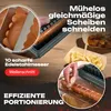 A collage demonstrating a sausage slicer with close-ups of the product in action and its results. The image shows sliced sausages, fries, and currywurst. Produktbild-Vorschau