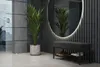 A modern entryway with a black bench and shoe rack, a large oval mirror with LED lighting, and a potted plant. Náhled obrázku produktu