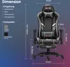 A diagram showing the dimensions of a gaming chair, with text indicating color options and suggested environments. Produktbild-Vorschau