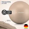A close-up of a beige exercise ball with text overlays highlighting its features and a German flag badge. Produktbild-Vorschau