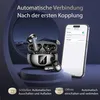 Earbuds and charging case displayed with a smartphone showing Bluetooth connection. Produktbild-Vorschau