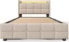 A beige upholstered bed frame with a slatted mattress support and LED lighting at the headboard. Produktbild-Vorschau