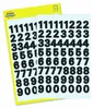 Sheets of black number stickers on a light blue striped background, with a yellow Avery Zweckform backing sheet. Produktbild-Vorschau