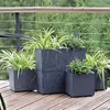 Several dark gray planters with green plants on a wooden deck, with trees in the background. Podgląd zdjęcia produktu