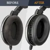 A split image showing a "before" and "after" comparison of headphone ear pads. Produktbild-Vorschau
