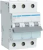 A three-pole circuit breaker with a gray lever and a clear protective cover. Voir les images du produit