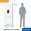 A white refrigerator is shown next to a silhouette of a person to indicate its size. Dimensions are also displayed. Produktbild-Vorschau