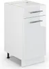 A white high-gloss kitchen base cabinet with two drawers and chrome handles, shown against a white background. Náhľad obrázku produktu