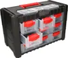 A black and red plastic toolbox with multiple clear drawers. Produktbild-Vorschau