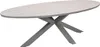 An oval dining table with a light teak Vironwood top and gray metal legs, presented on a white background. Produktbild-Vorschau
