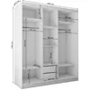 A diagram showing the dimensions of a white wardrobe with internal shelving and drawers. Produktbild-Vorschau
