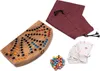 A wooden Tock game board with colorful playing pieces, a deck of cards, and a drawstring bag, all arranged on a white background. Náhled obrázku produktu