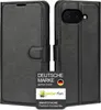 A black leather flip case for a smartphone is shown open, revealing the interior and the camera module of the phone. Produktbild-Vorschau