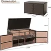 A diagram showing the dimensions of a rattan storage box, with a smaller inset image of the closed box and a larger image of the open box with measurements. Produktbild-Vorschau