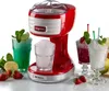 A red and white ice crusher machine is shown with several glasses of slushy drinks and fresh fruit. Náhľad obrázku produktu