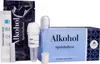 A display of an alcohol saliva test kit, including a color chart, collection tube, and testing device, laid out on a white background. Produktbild-Vorschau