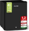 A black mini refrigerator with various labels and stickers. Produktbild-Vorschau