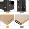 A collage showing close-ups of shelving unit connection mechanisms and material samples. Produktbild-Vorschau