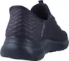 A close-up rear view of a navy blue Skechers sneaker. Produktbild-Vorschau