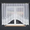 A white lace curtain with a decorative pattern is hung over a window, revealing a city skyline in the background. Náhled obrázku produktu