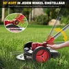 A person is using a red and silver cordless grass trimmer in a grassy yard. The image highlights the adjustable head of the trimmer with an inset circle and text. Produktbild-Vorschau