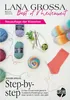 A flat lay of knitting supplies, including yarn balls, knitting needles, and a knitted sock, arranged on a white background. The image is a cover for a knitting magazine. Produktbild-Vorschau