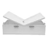 A white storage box with its lid open, shown from the front. Voir les images du produit