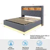 A diagram of a bed frame with dimensions and icons indicating features. Produktbild-Vorschau