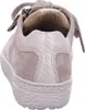 A rear view of a beige sneaker with a textured sole and a snakeskin-patterned accent on the heel. Produktbild-Vorschau