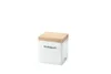 A white storage container with a wooden lid, labeled 'Knoblauch'. Produktbild-Vorschau