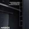 Close-up view inside a black metal cabinet, showing adjustable shelf supports and text indicating adjustable shelves for maximum flexibility. Produktbild-Vorschau