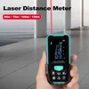 A hand holds a laser distance meter with a red laser beam extending upwards. Náhled obrázku produktu