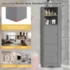 A collage of images showcasing a gray corner cabinet in various room settings, including a bedroom, kitchen, bathroom, and living room, along with a close-up of the cabinet's corner and text overlays. Voir les images du produit