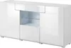A white, modern sideboard with glass shelves and interior lighting. Podgląd zdjęcia produktu
