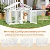 A dog is inside a white playpen in a grassy outdoor setting, with additional configurations shown below. Produktbild-Vorschau