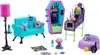 A collection of Monster High toy accessories, including a couch, a coffin-shaped vending machine, a basketball hoop, and a lamp. Náhľad obrázku produktu