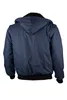 The back view of a navy blue bomber jacket with a hood and black trim. Produktbild-Vorschau