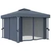 A gray gazebo with curtains and mesh screens, shown from a front-side angle against a white background. Produktbild-Vorschau