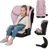 A child is sitting in a pink car seat, with additional views of the car seat shown separately. Náhled obrázku produktu